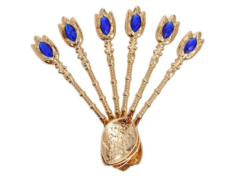 Alisveristime Handmade Turkish Tea Glass Set - Traditional Turkish Motifs, Set of 6 with Lids and Bonus Tea Spoons (Gold) - Image 4